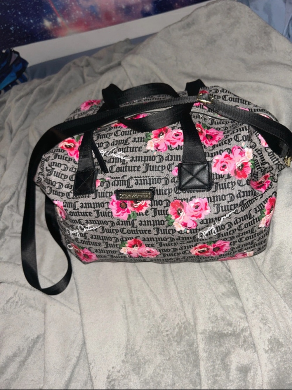 Juicy Couture Gray Floral Travel Bag with Pink Rose Print